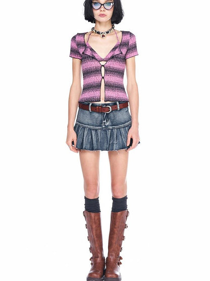 AFTADAWN Vintage Washed Blue High Waist A Line Mini Women&