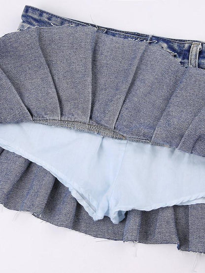 AFTADAWN Vintage Washed Blue High Waist A Line Mini Women&