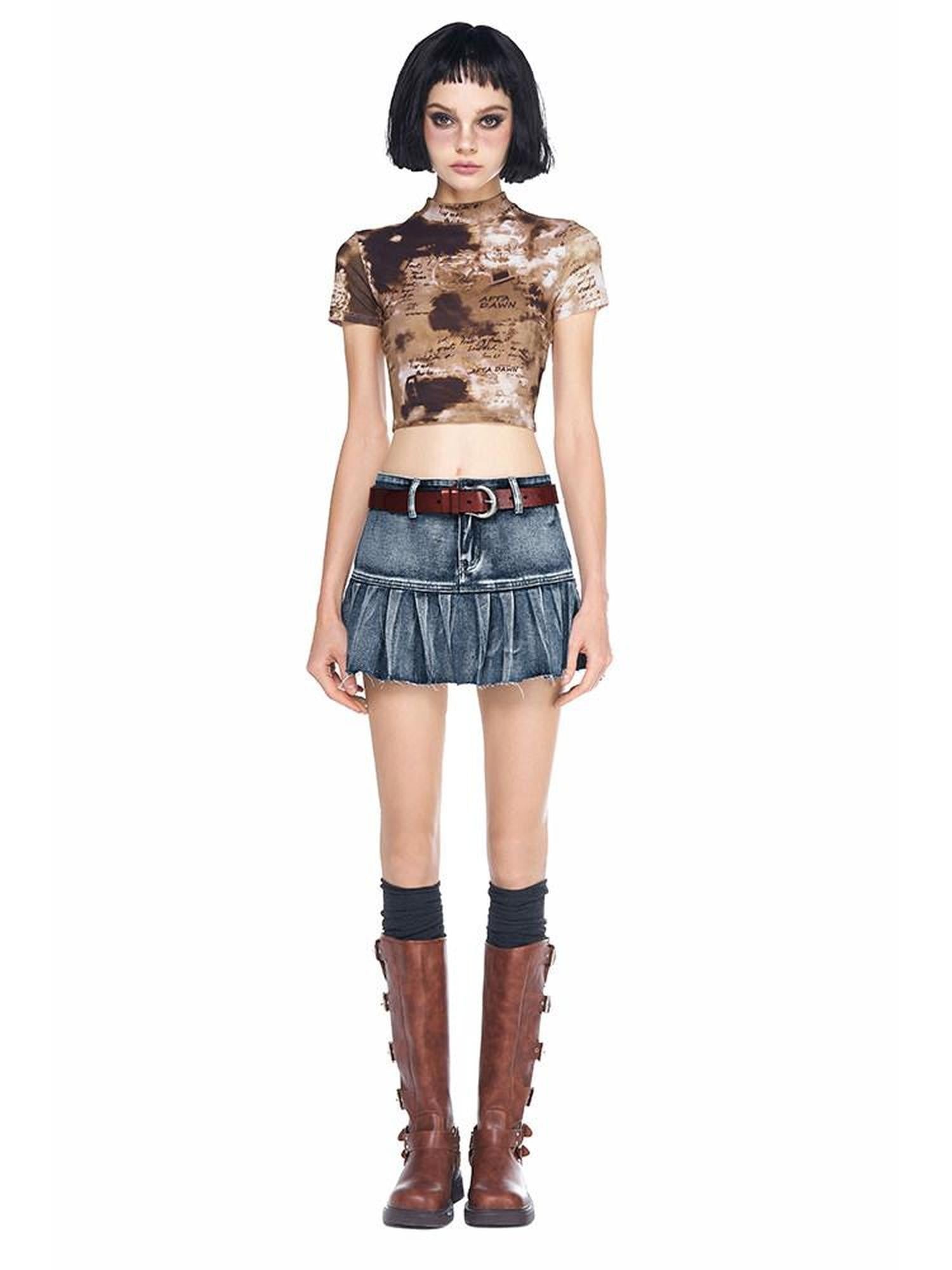 AFTADAWN Vintage Washed Blue High Waist A Line Mini Women&