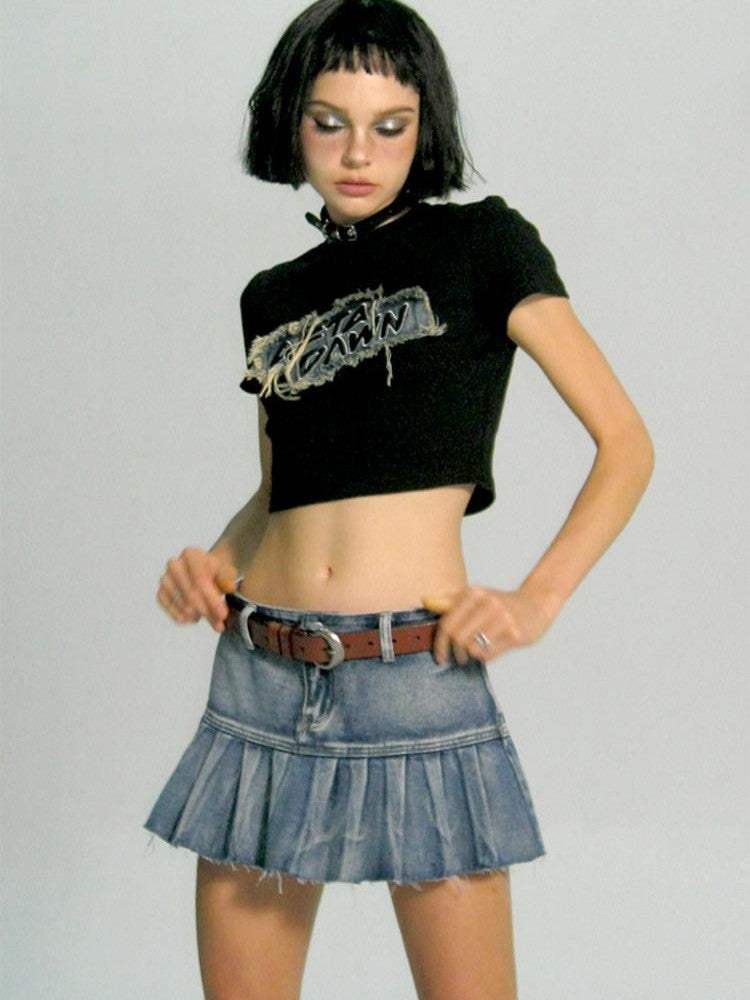 AFTADAWN Vintage Washed Blue High Waist A Line Mini Women&