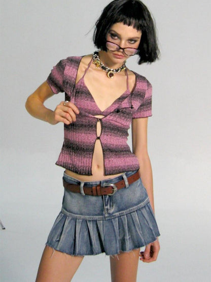 AFTADAWN Vintage Washed Blue High Waist A Line Mini Women&