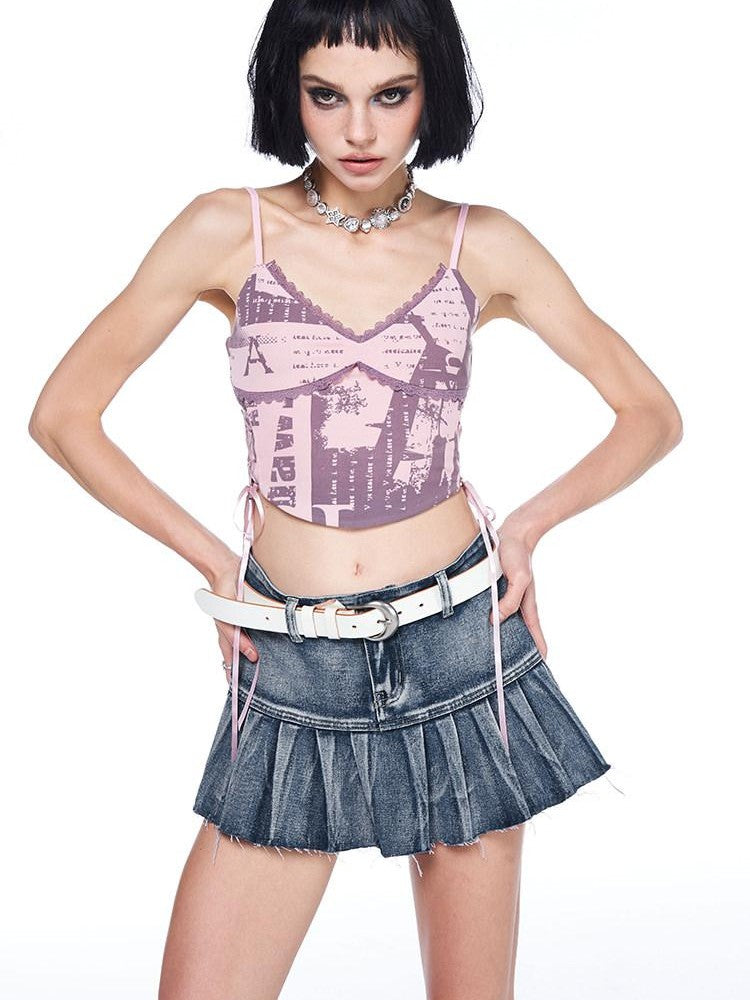 AFTADAWN Vintage Washed Blue High Waist A Line Mini Women&