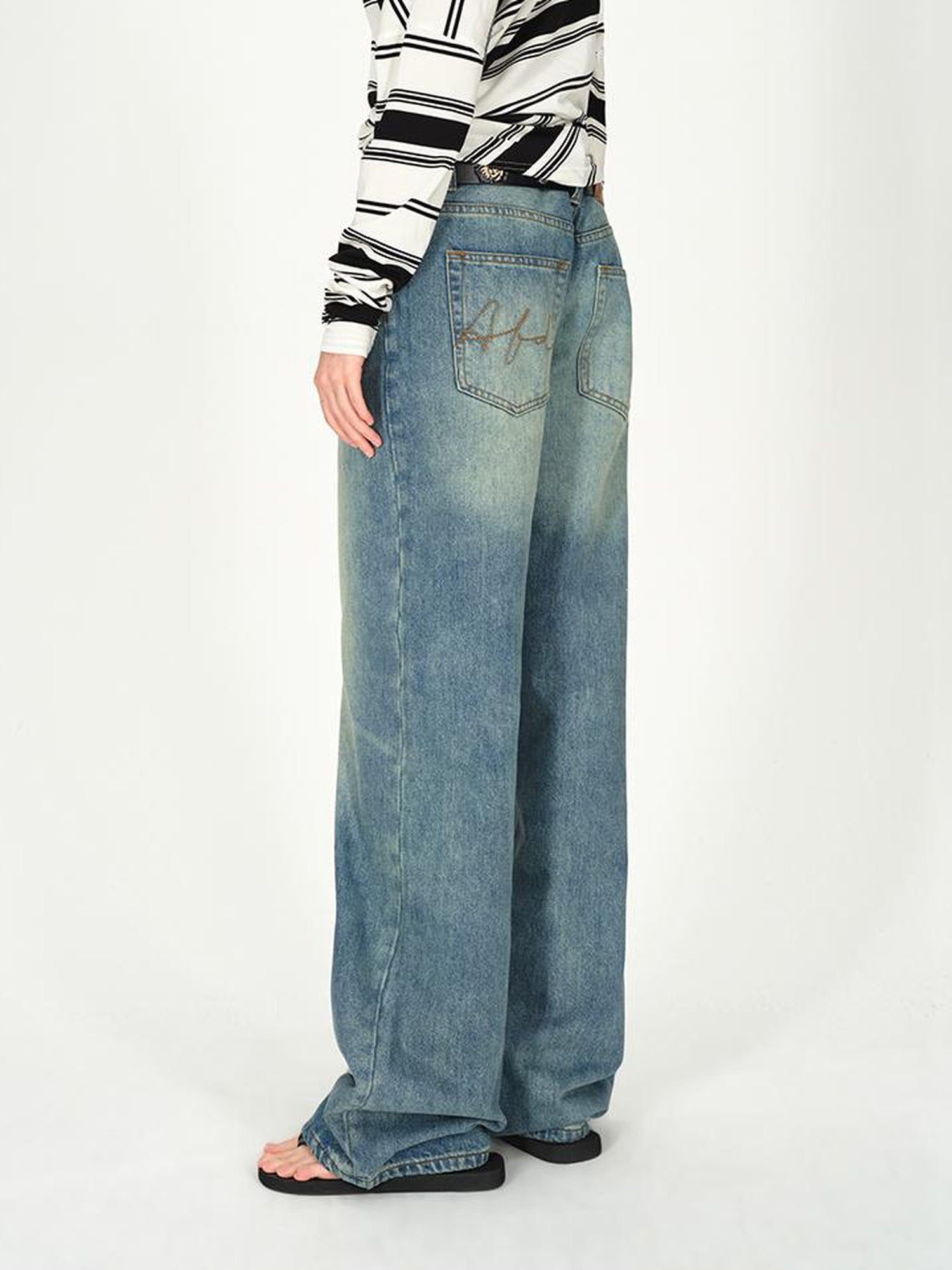 AFTADAWN Vintage Washed Blue Relaxed Straight Leg Jeans