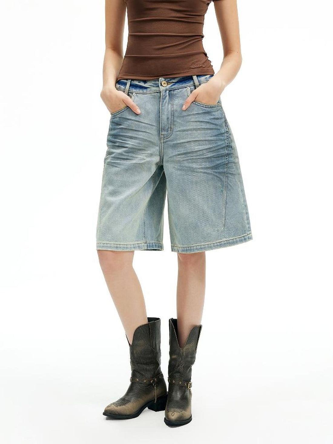 AFTADAWN Vintage Washed Denim Mid Thigh Shorts