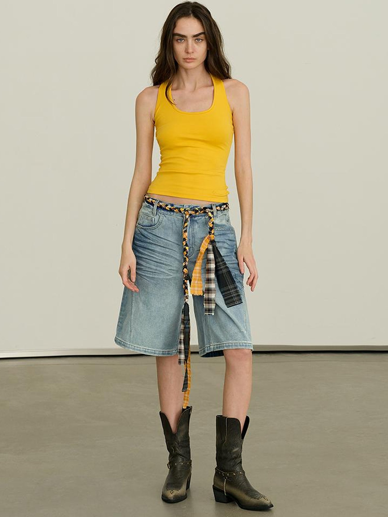 AFTADAWN Vintage Washed Denim Mid Thigh Shorts