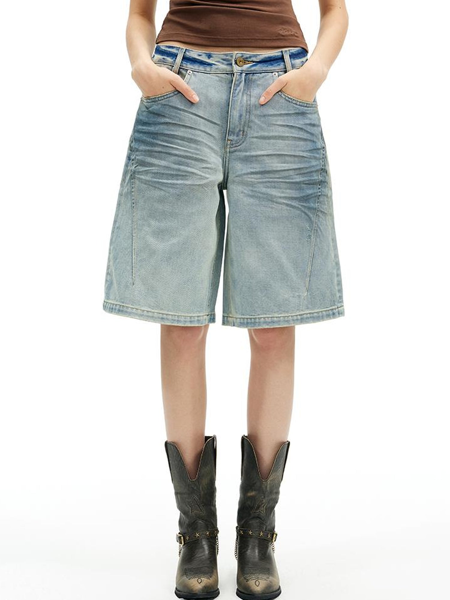 AFTADAWN Vintage Washed Denim Mid Thigh Shorts