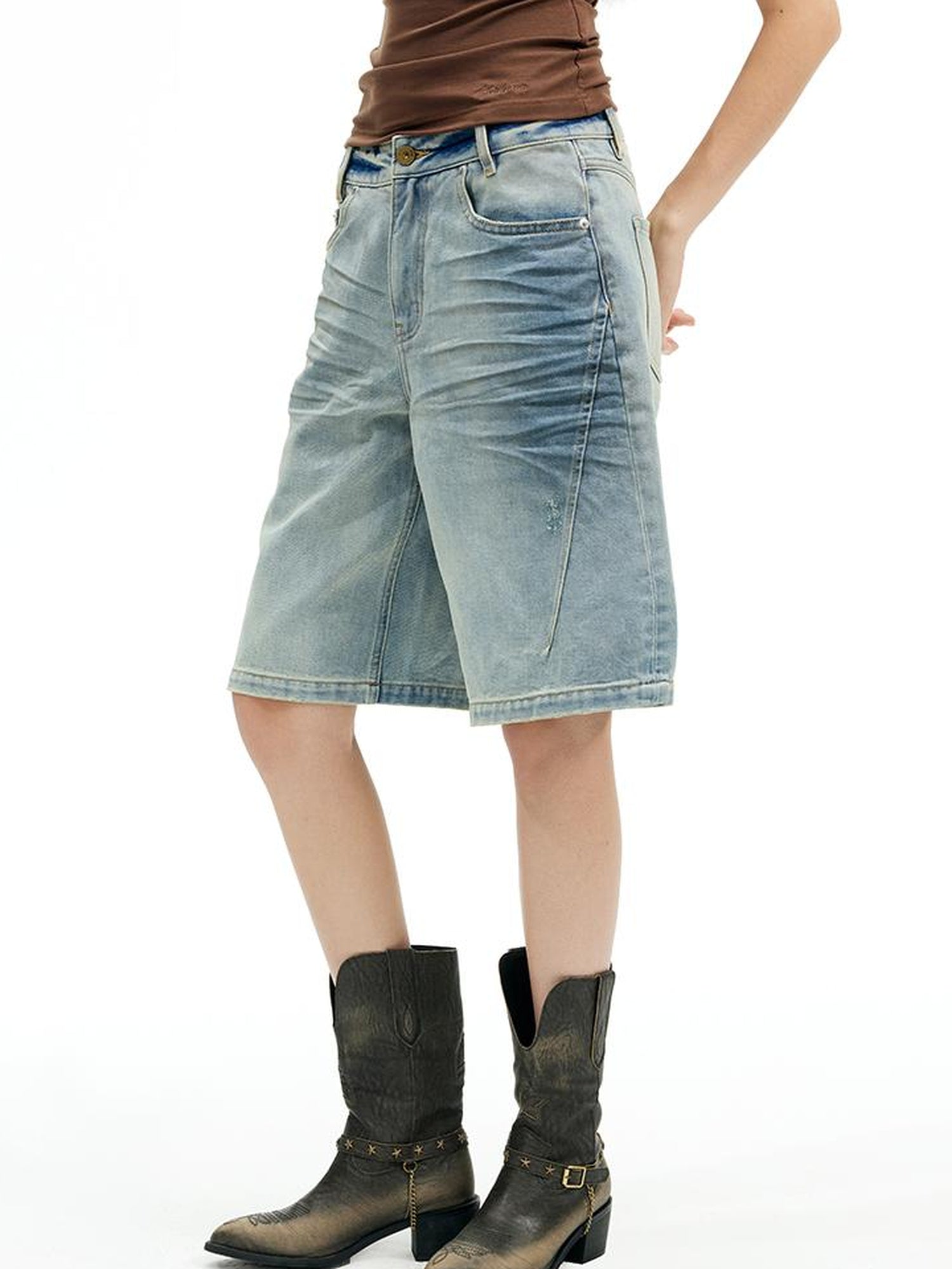 AFTADAWN Vintage Washed Denim Mid Thigh Shorts