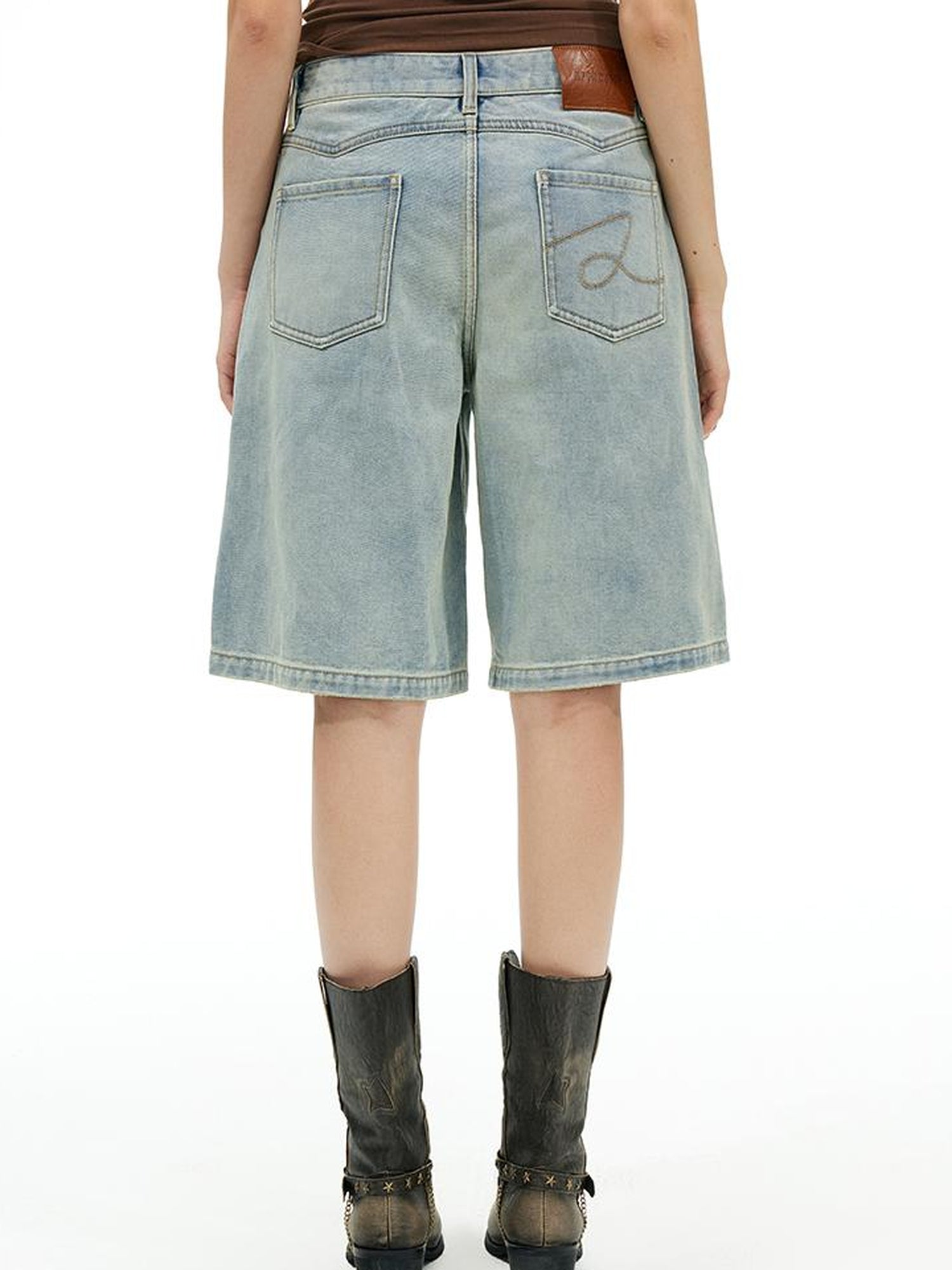 AFTADAWN Vintage Washed Denim Mid Thigh Shorts