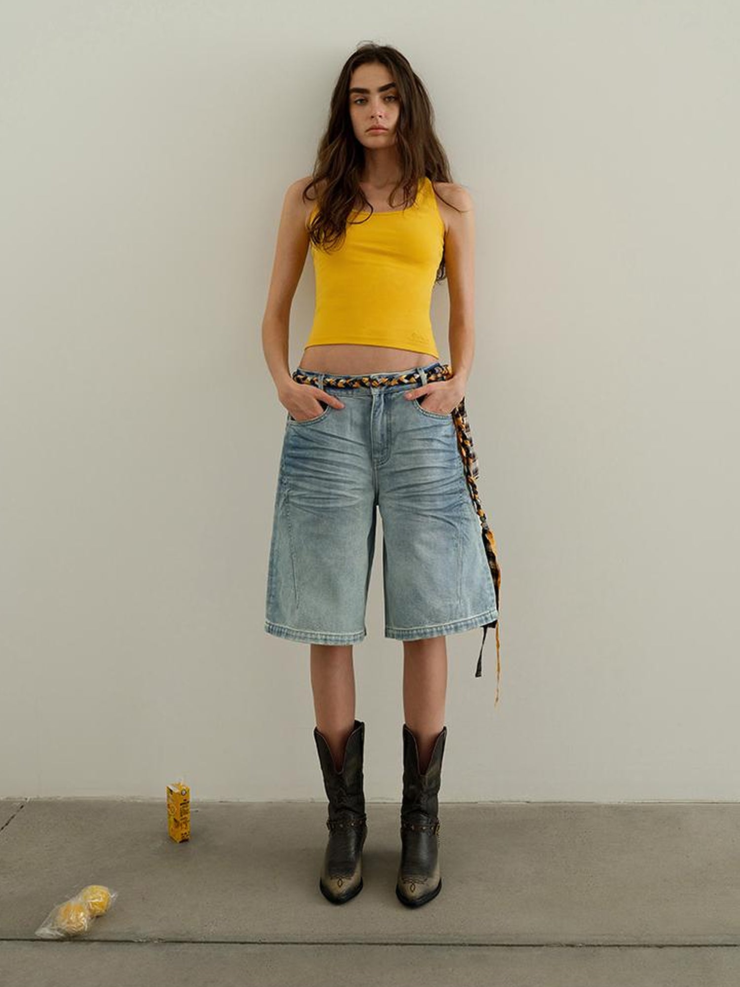 AFTADAWN Vintage Washed Denim Mid Thigh Shorts