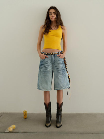 AFTADAWN Vintage Washed Denim Mid Thigh Shorts
