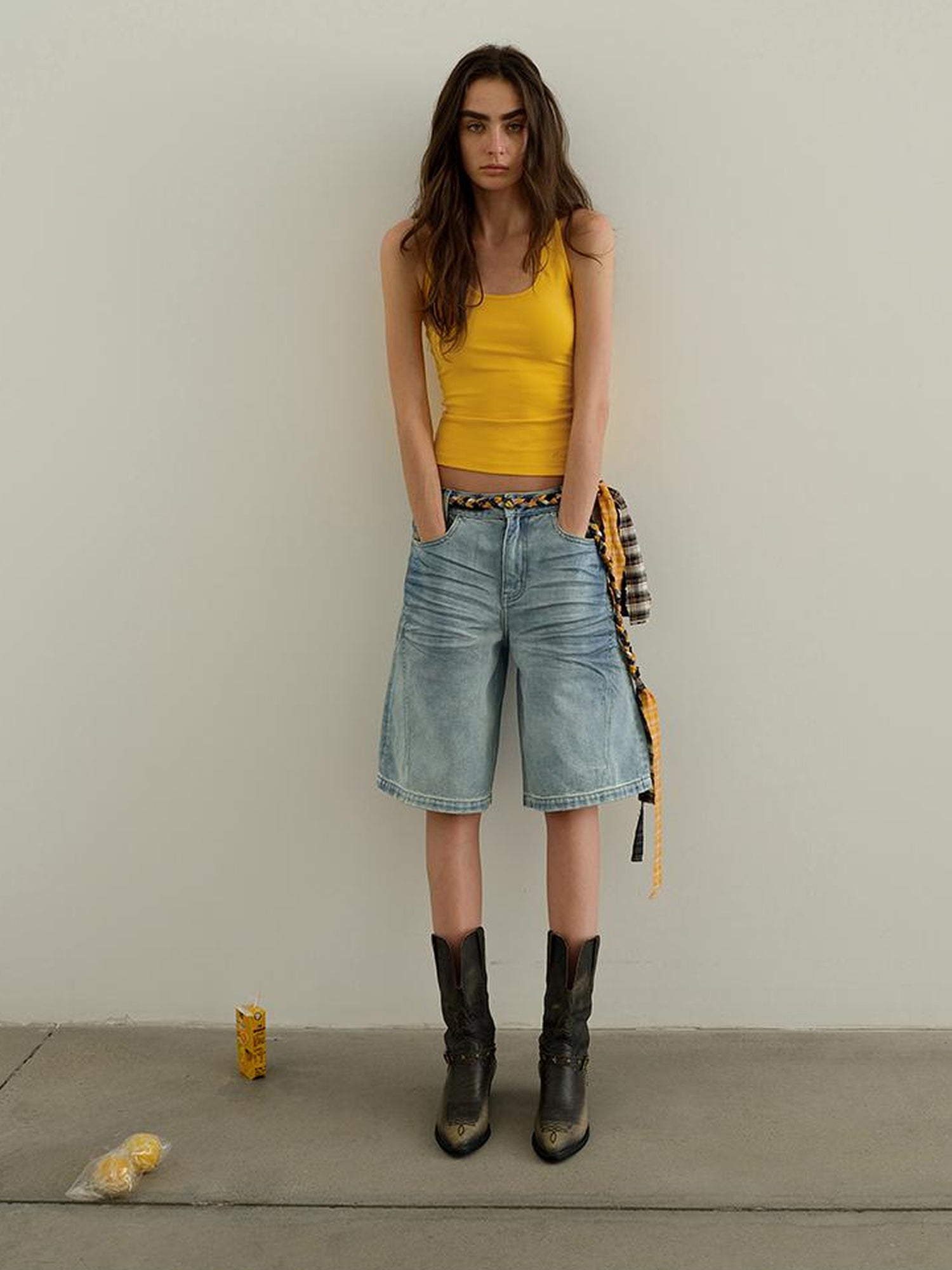 AFTADAWN Vintage Washed Denim Mid Thigh Shorts