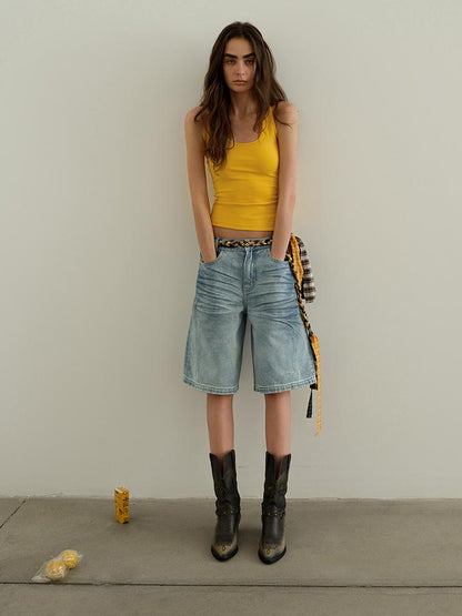 AFTADAWN Vintage Washed Denim Mid Thigh Shorts