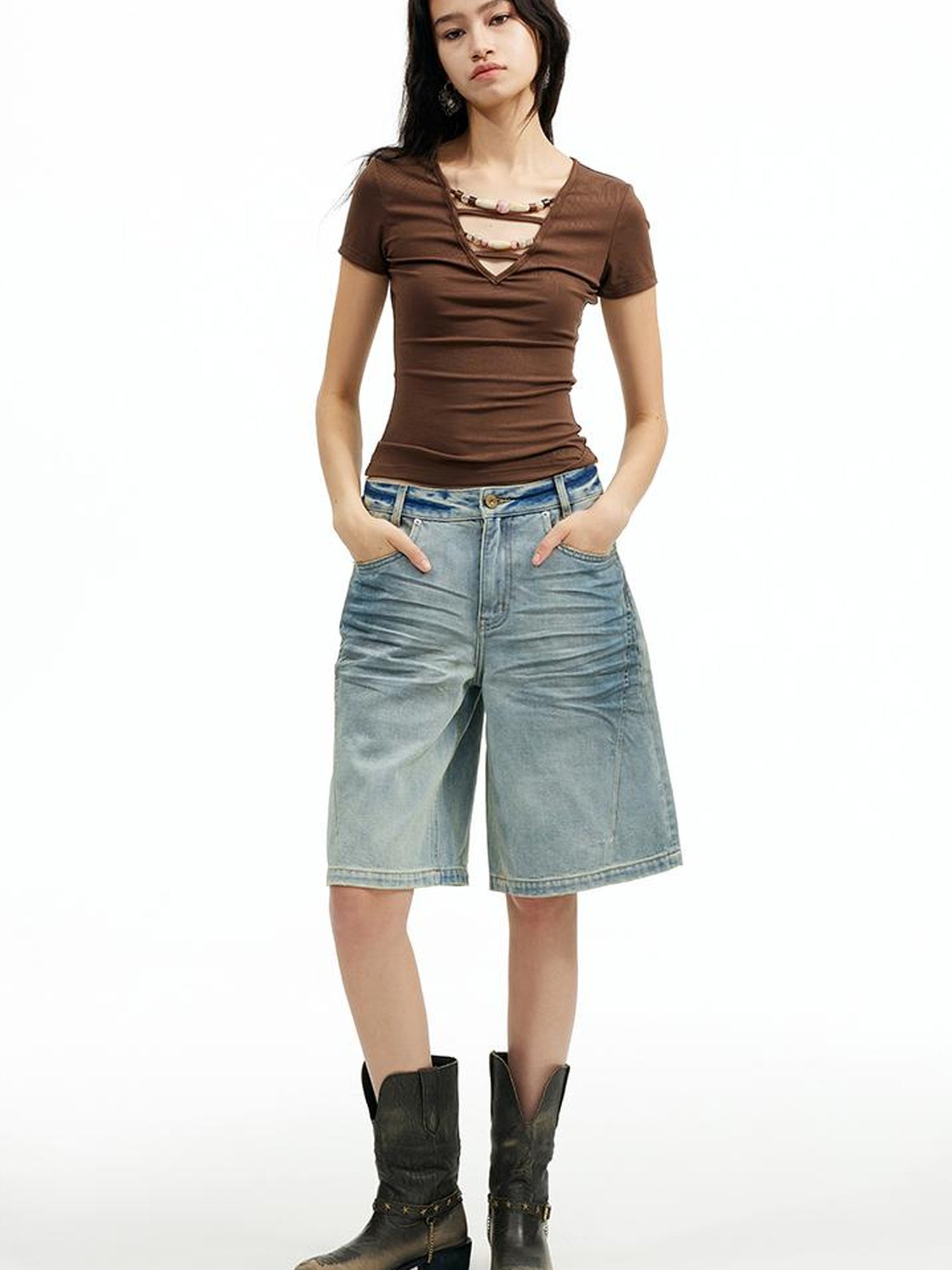 AFTADAWN Vintage Washed Denim Mid Thigh Shorts