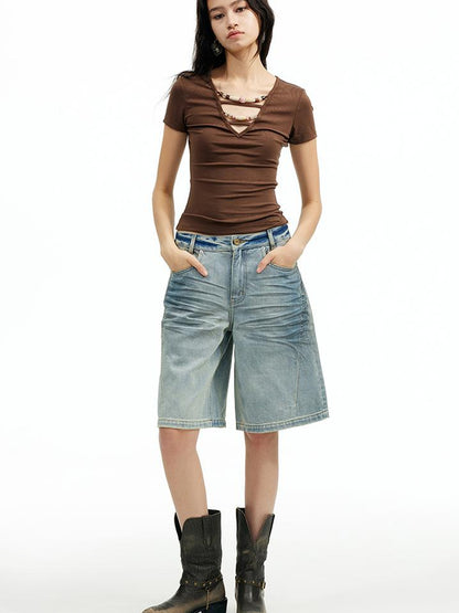 AFTADAWN Vintage Washed Denim Mid Thigh Shorts