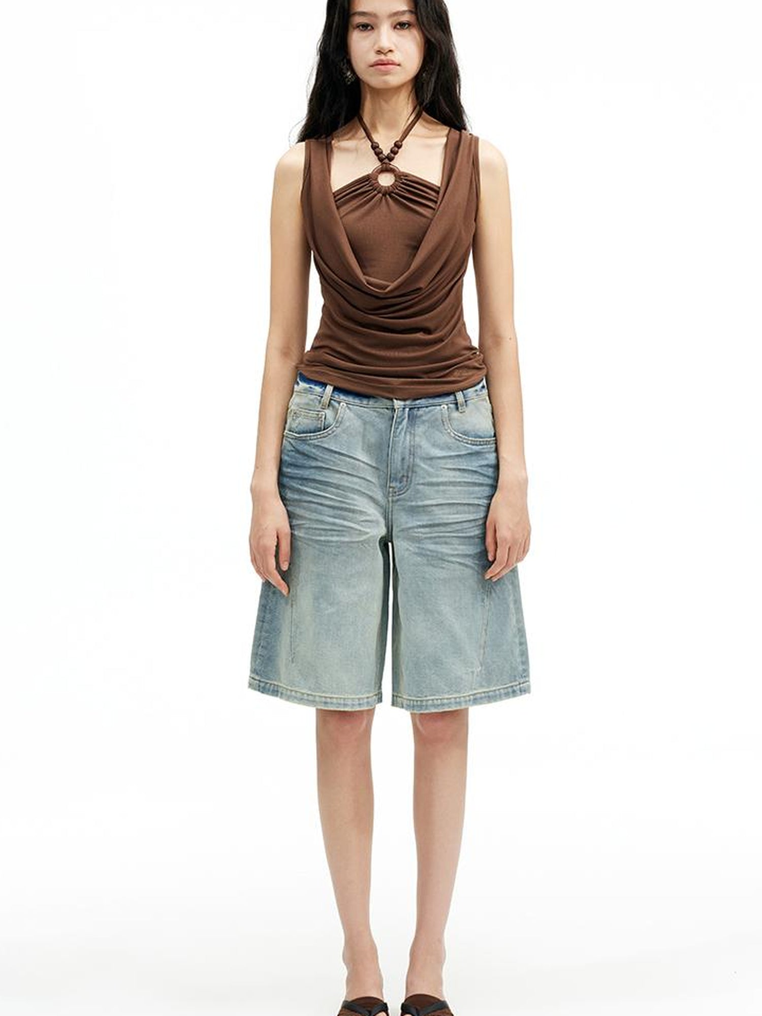 AFTADAWN Vintage Washed Denim Mid Thigh Shorts