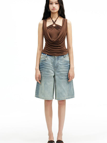 AFTADAWN Vintage Washed Denim Mid Thigh Shorts