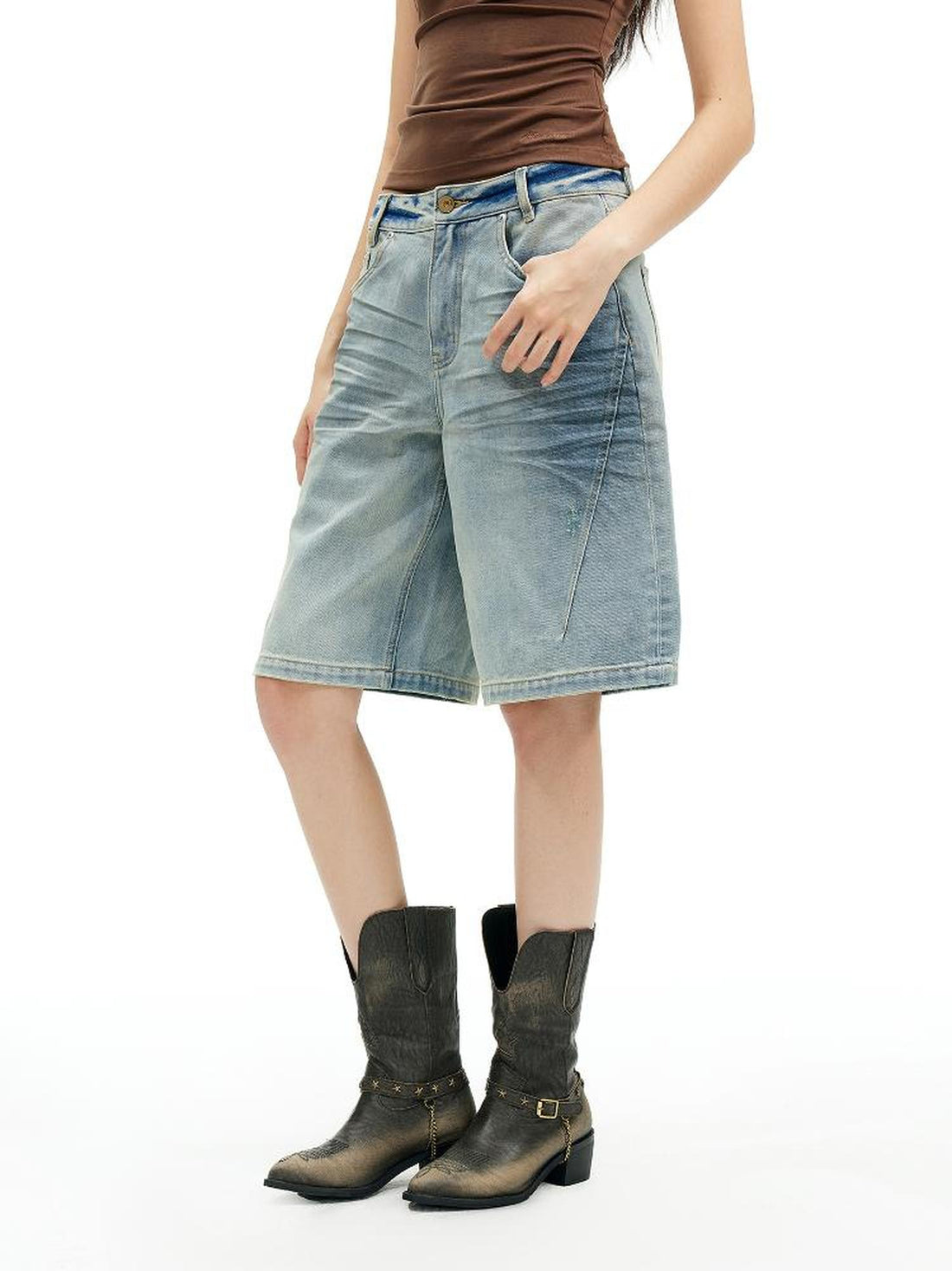 AFTADAWN Vintage Washed Denim Mid Thigh Shorts