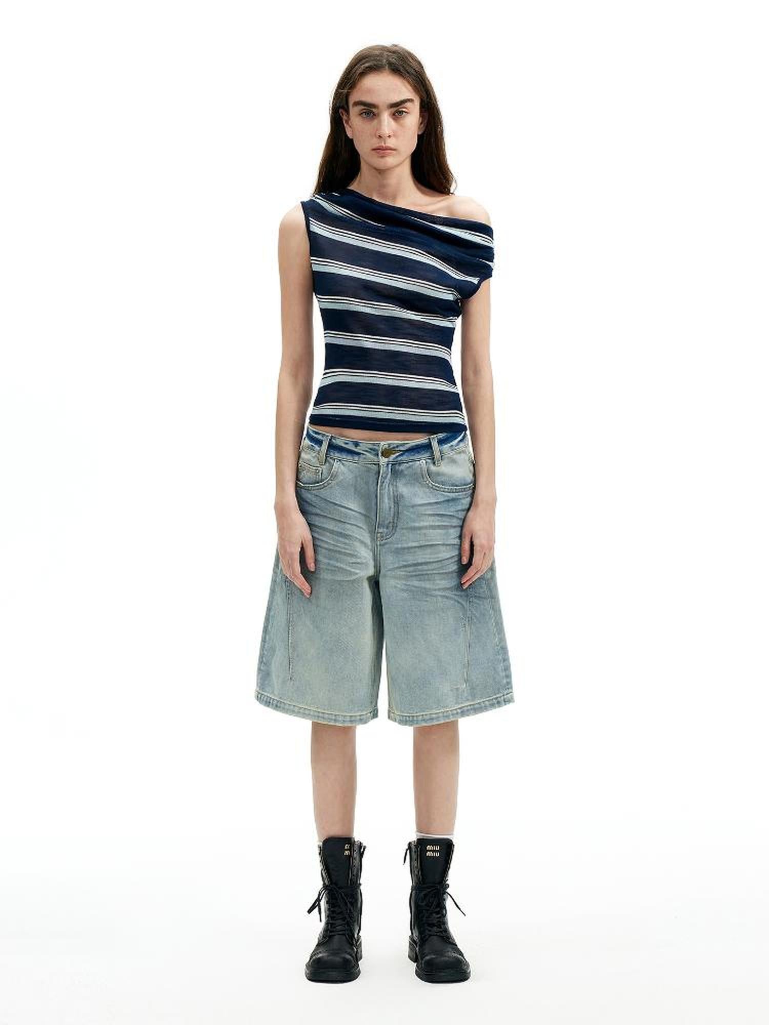 AFTADAWN Vintage Washed Denim Mid Thigh Shorts