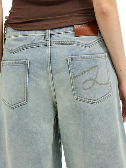 AFTADAWN Vintage Washed Denim Mid Thigh Shorts