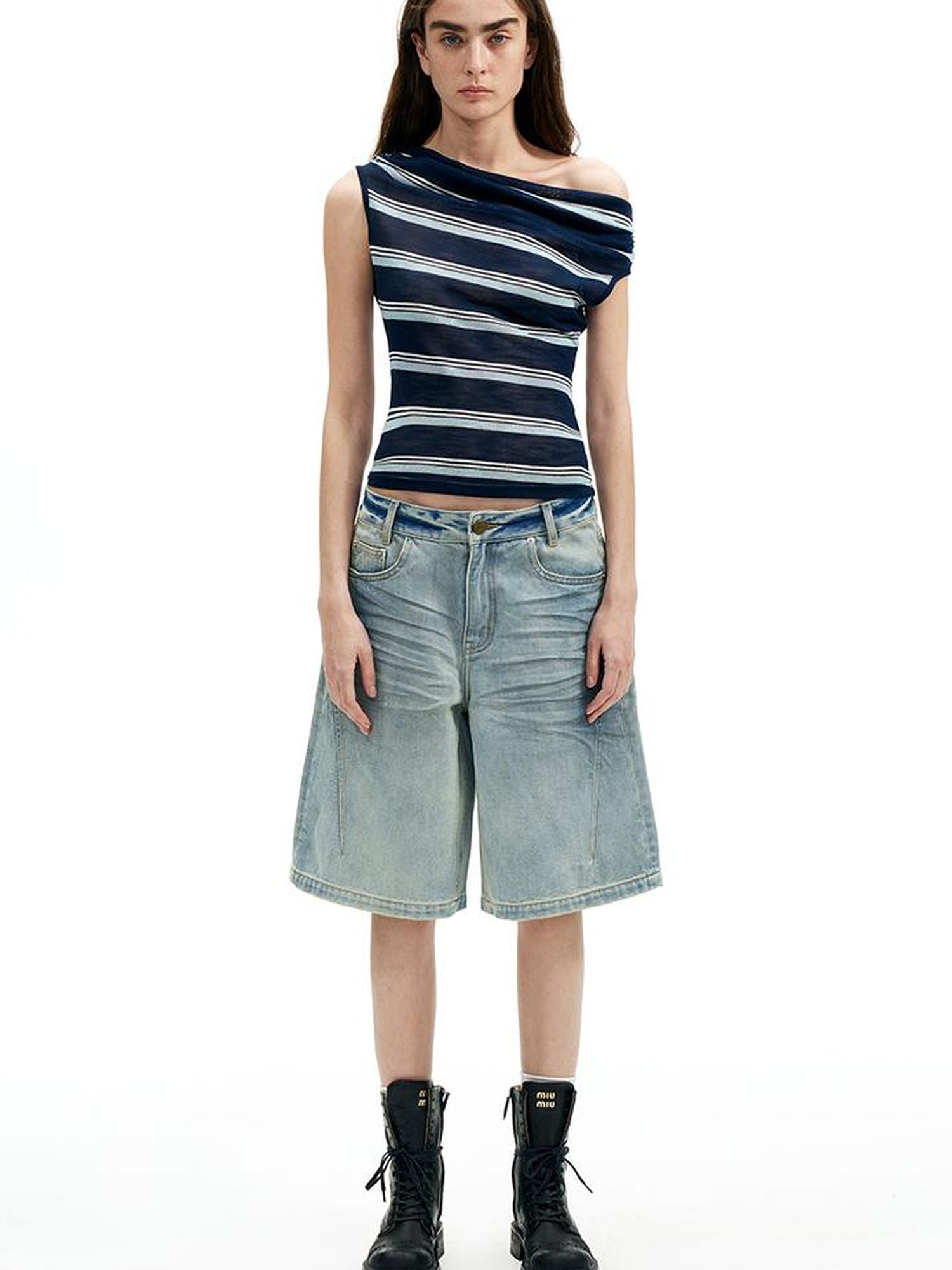 AFTADAWN Vintage Washed Denim Mid Thigh Shorts