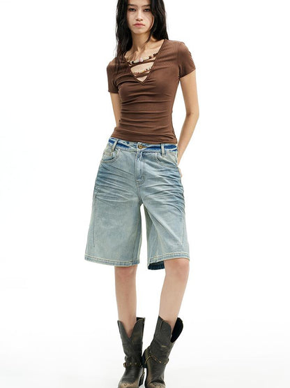 AFTADAWN Vintage Washed Denim Mid Thigh Shorts