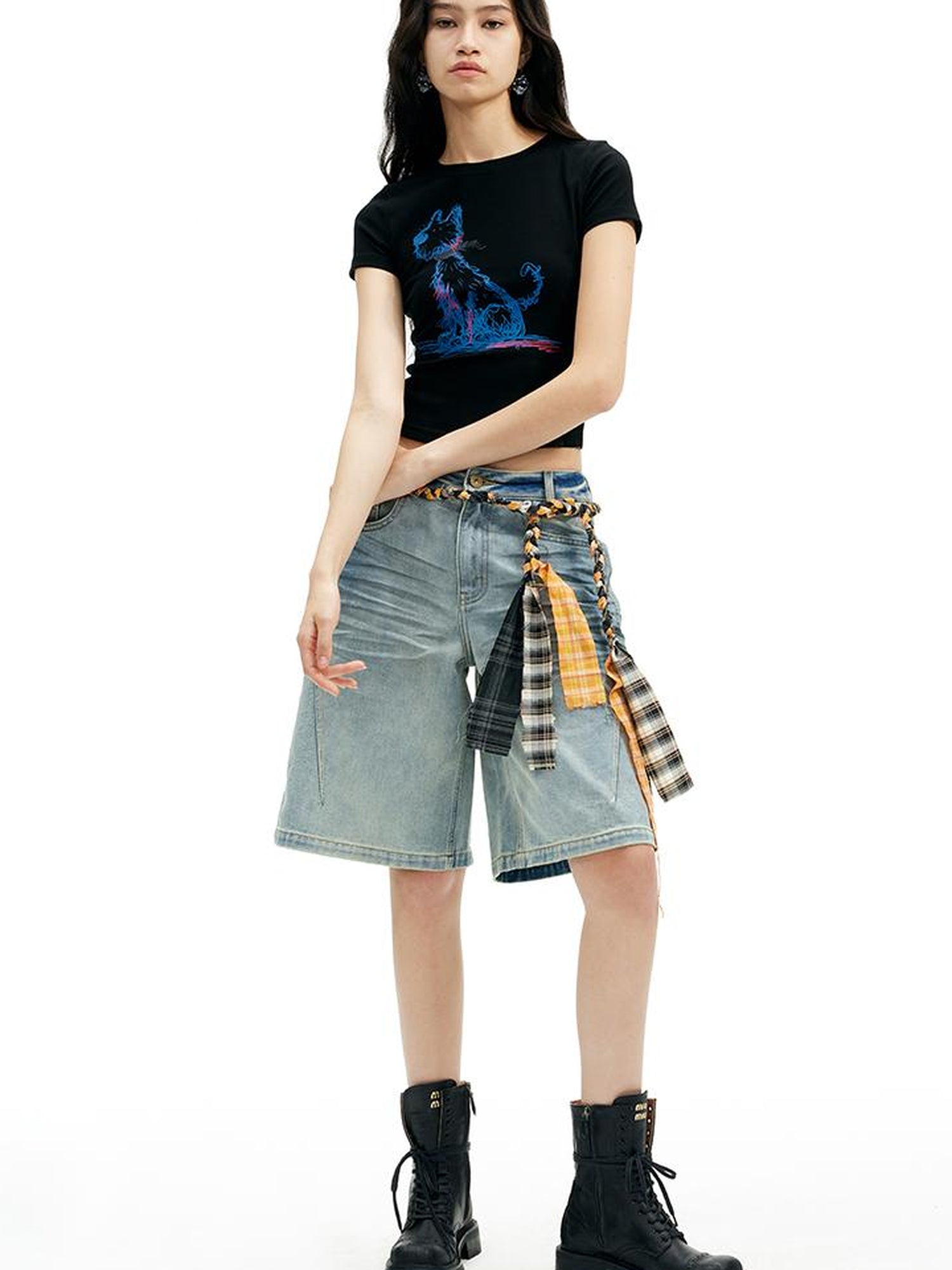 AFTADAWN Vintage Washed Denim Mid Thigh Shorts