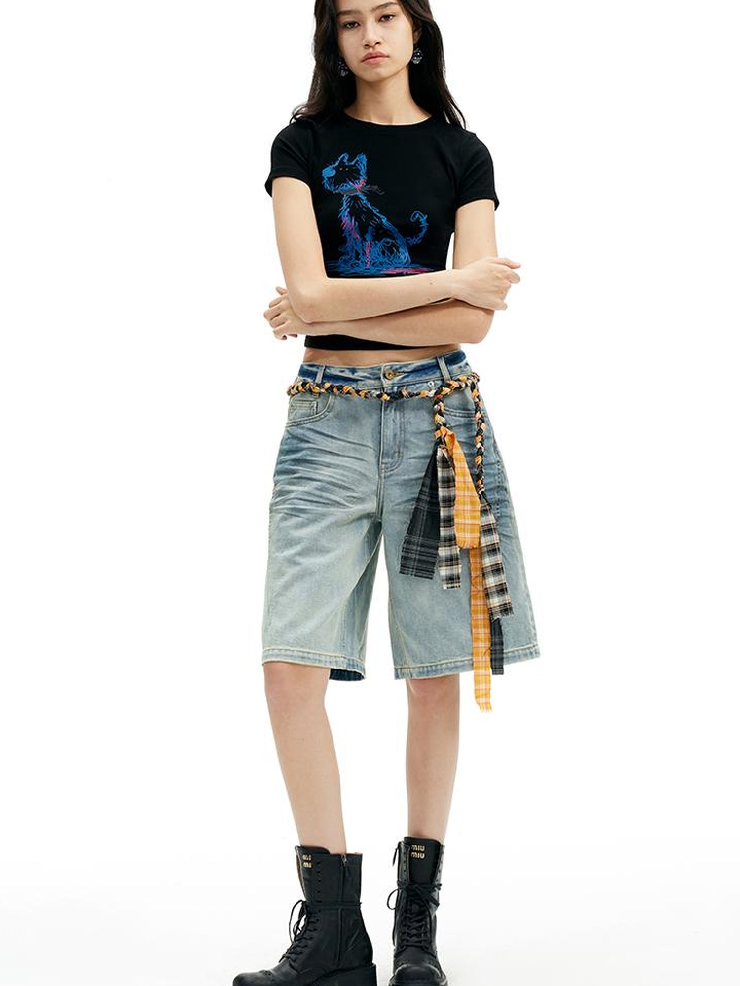 AFTADAWN Vintage Washed Denim Mid Thigh Shorts