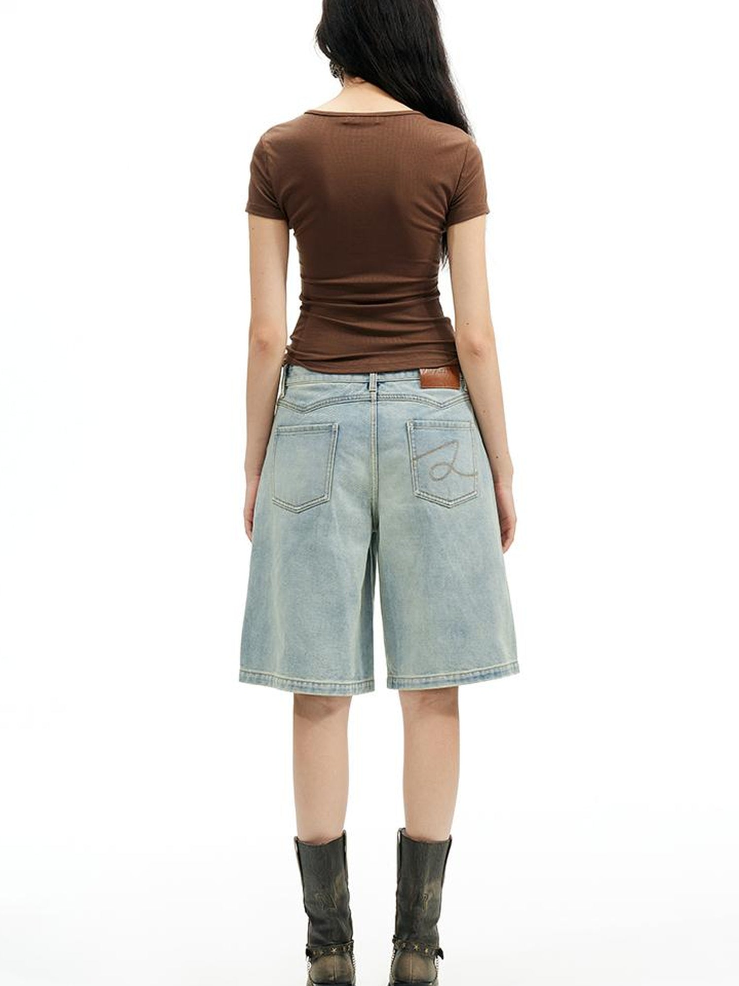 AFTADAWN Vintage Washed Denim Mid Thigh Shorts