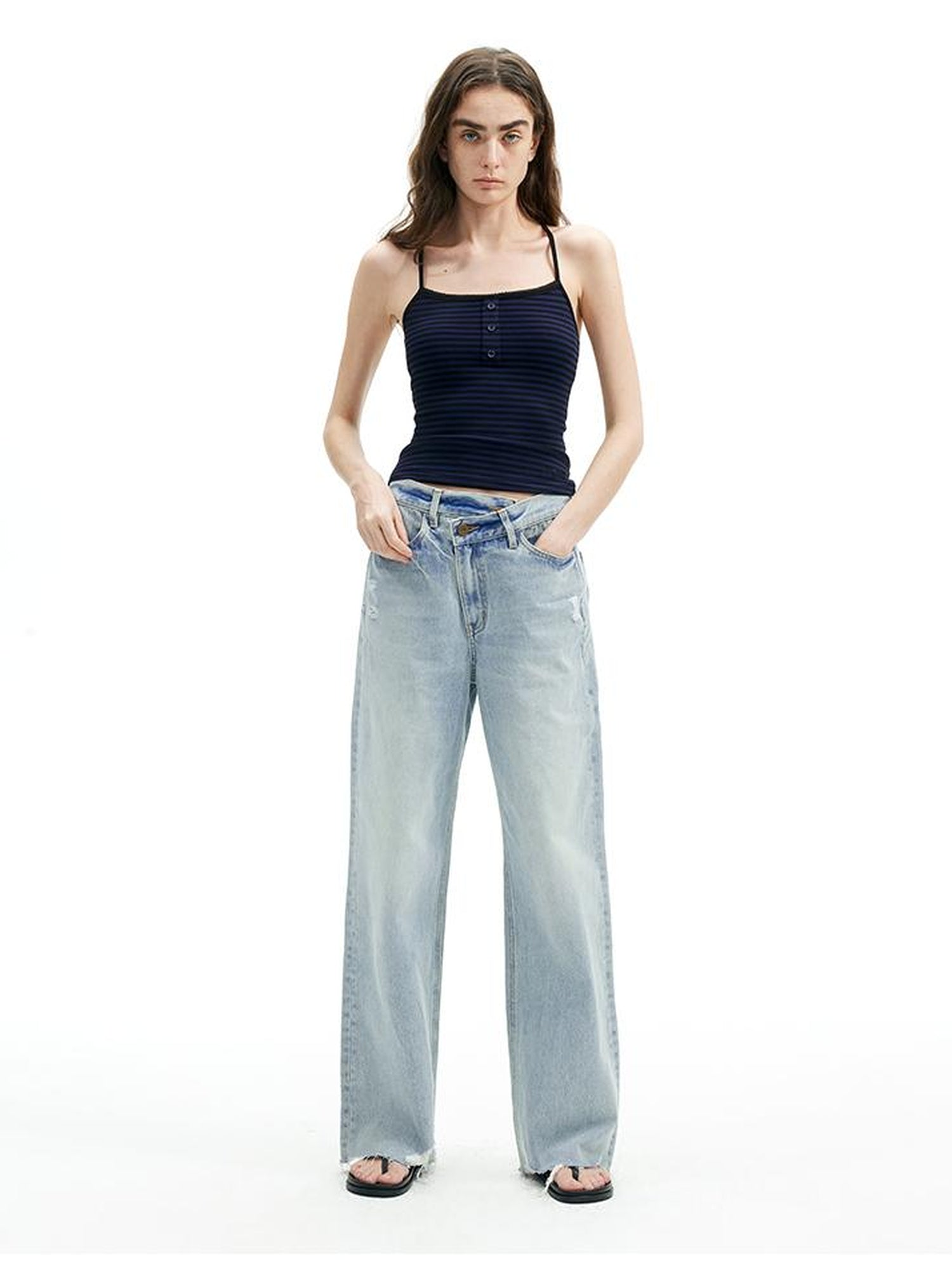 AFTADAWN Vintage Washed Distressed Straight Leg Jeans