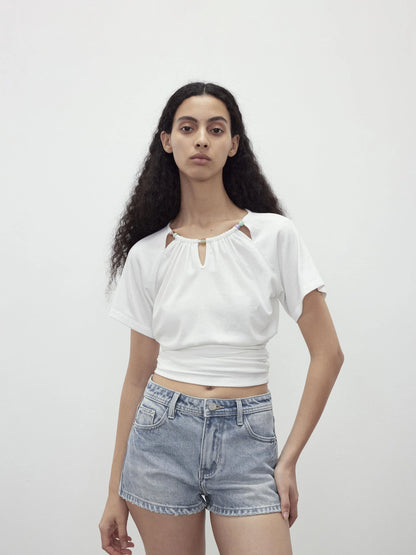 Vintage Washed Low Rise Denim Shorts With Frayed Hem