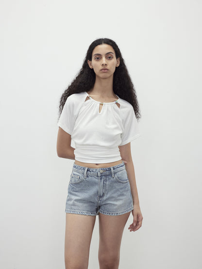 AFTADAWN Vintage Washed Low Rise Denim Shorts With Frayed Hem