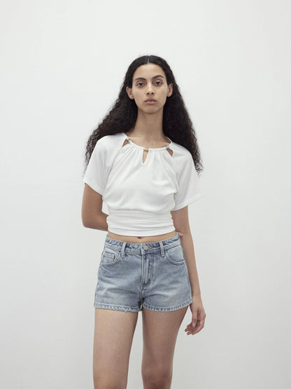 Vintage Washed Low Rise Denim Shorts With Frayed Hem