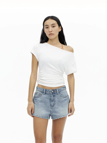 Vintage Washed Low Rise Denim Shorts With Frayed Hem