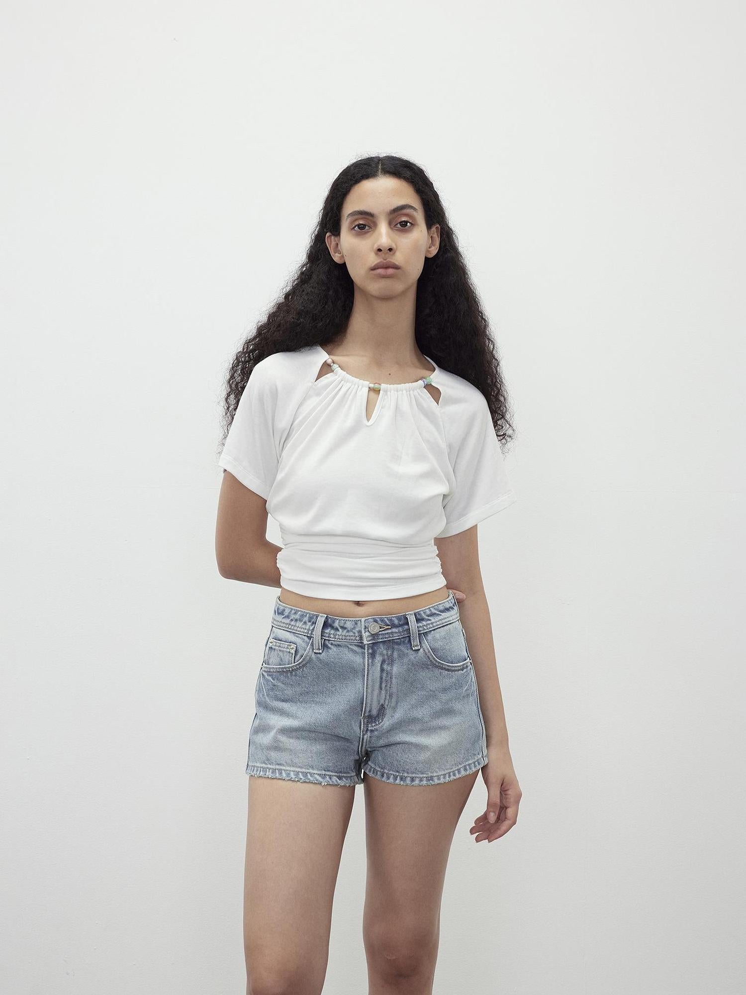 AFTADAWN Vintage Washed Low Rise Denim Shorts With Frayed Hem