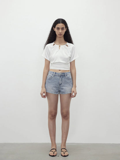 Vintage Washed Low Rise Denim Shorts With Frayed Hem
