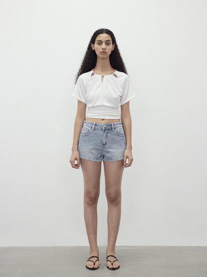 AFTADAWN Vintage Washed Low Rise Denim Shorts With Frayed Hem