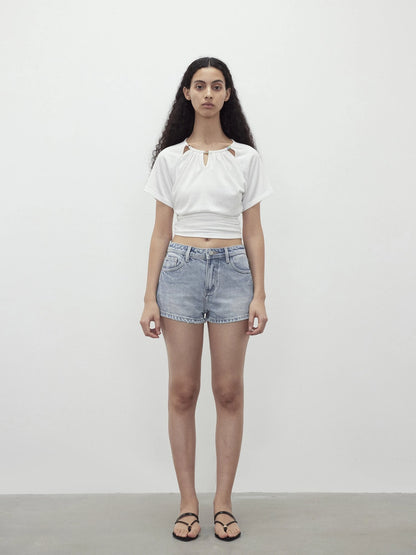Vintage Washed Low Rise Denim Shorts With Frayed Hem