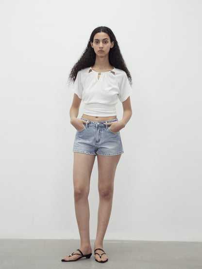 AFTADAWN Vintage Washed Low Rise Denim Shorts With Frayed Hem