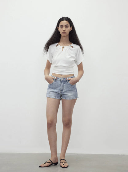 Vintage Washed Low Rise Denim Shorts With Frayed Hem