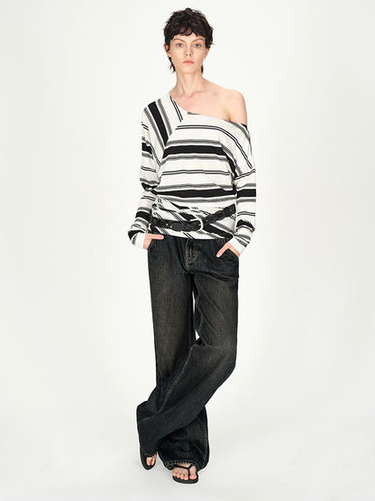 AFTADAWN Vintage Washed Low Rise Relaxed Wide Leg Denim Pants