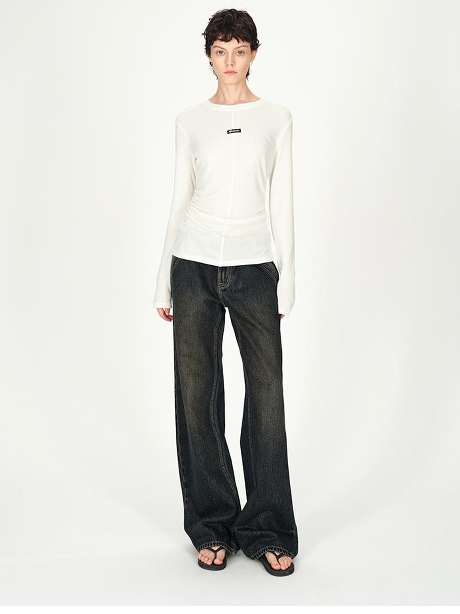 AFTADAWN Vintage Washed Low Rise Relaxed Wide Leg Denim Pants