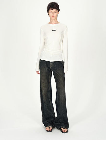 AFTADAWN Vintage Washed Low Rise Relaxed Wide Leg Denim Pants
