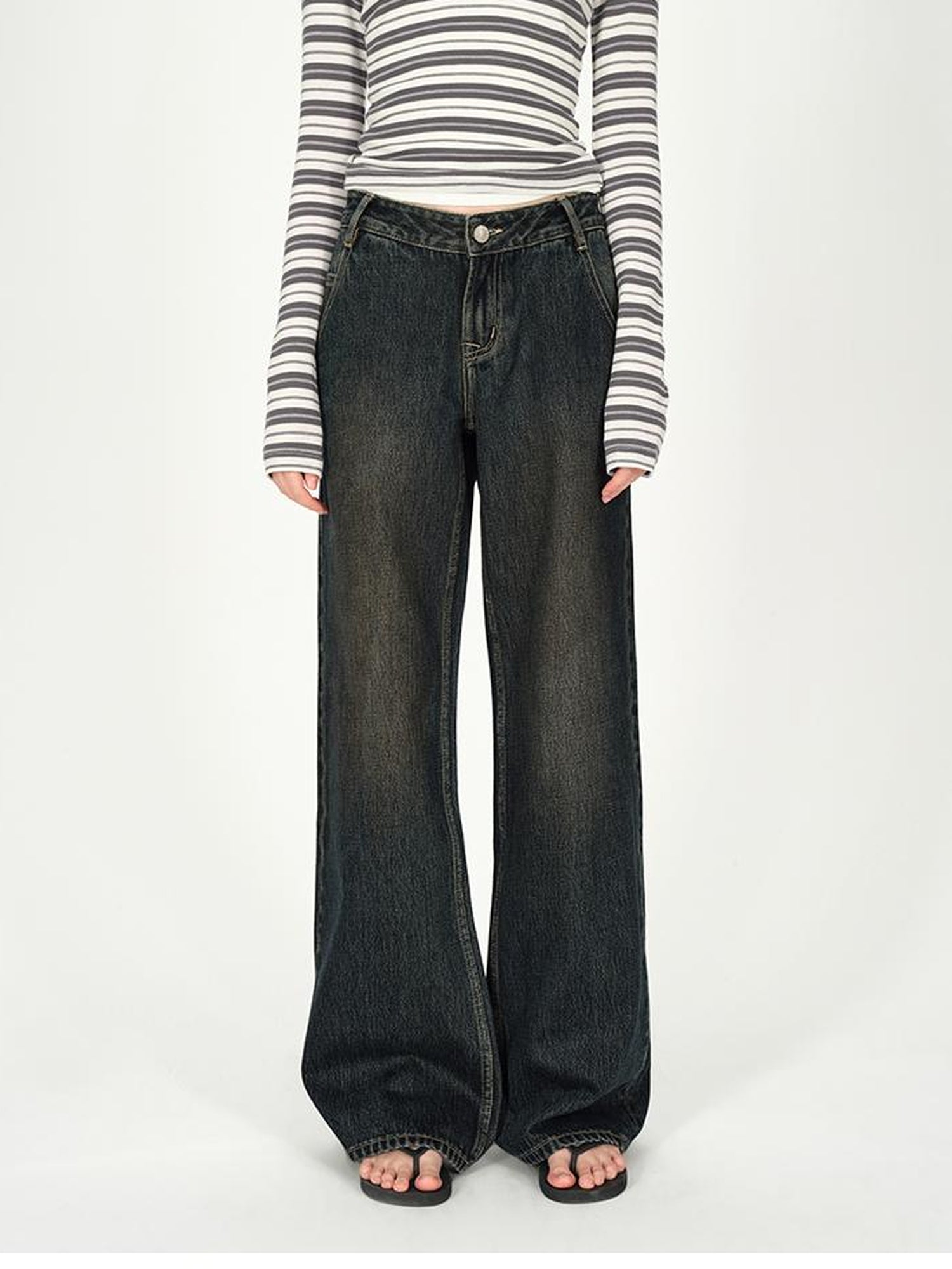 AFTADAWN Vintage Washed Low Rise Relaxed Wide Leg Denim Pants