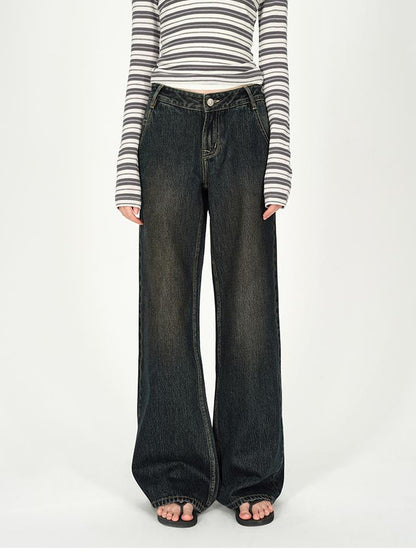 AFTADAWN Vintage Washed Low Rise Relaxed Wide Leg Denim Pants