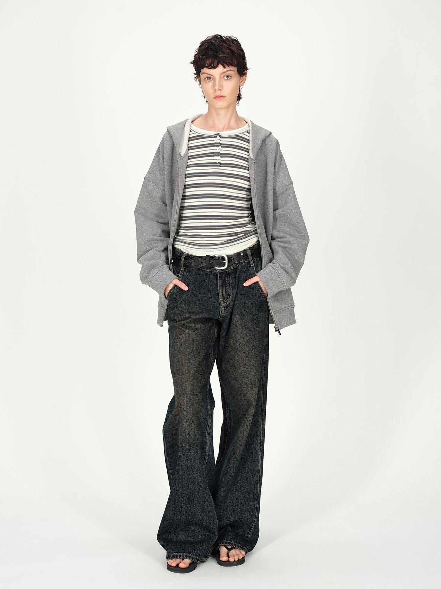 AFTADAWN Vintage Washed Low Rise Relaxed Wide Leg Denim Pants