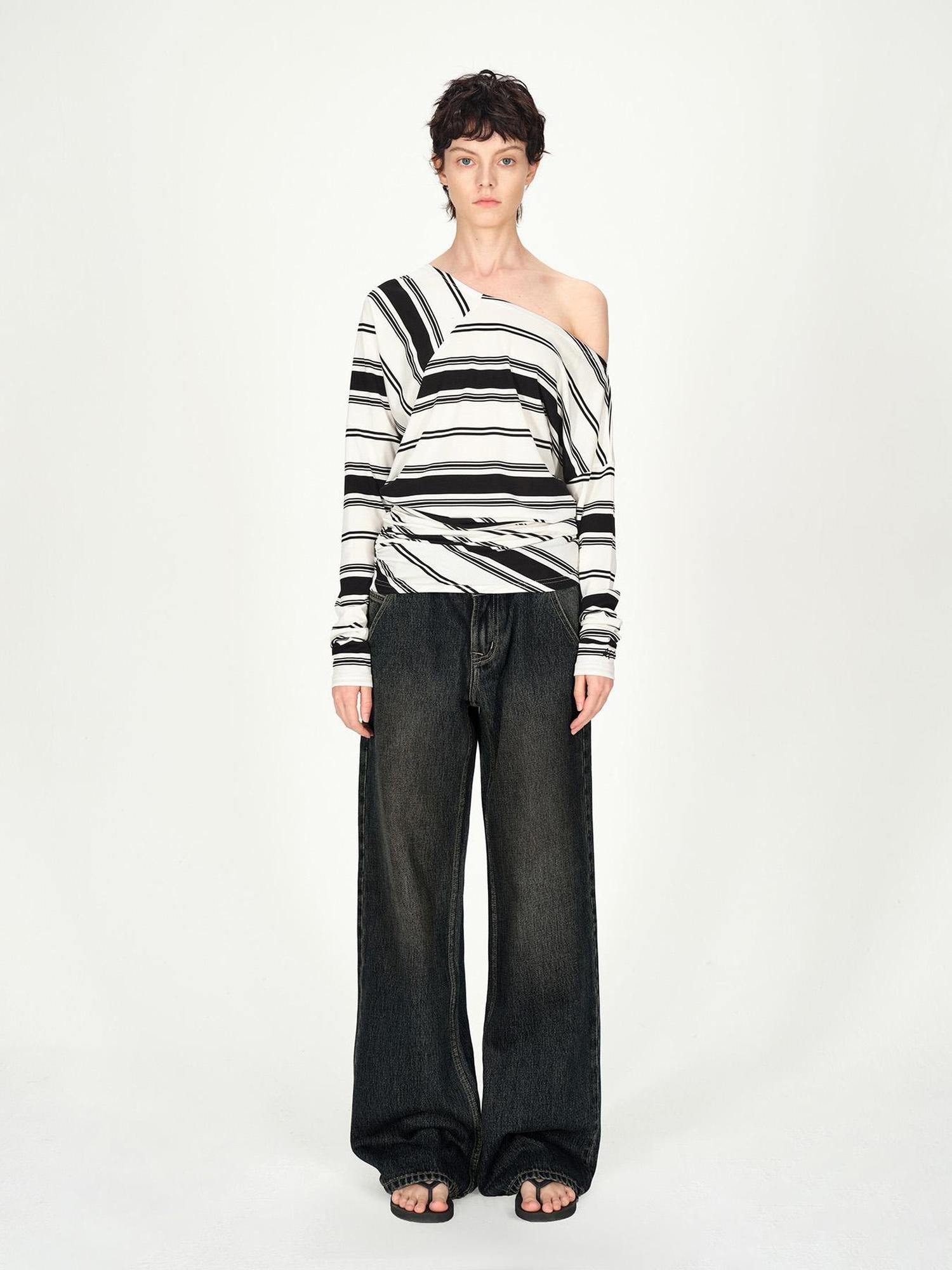 AFTADAWN Vintage Washed Low Rise Relaxed Wide Leg Denim Pants