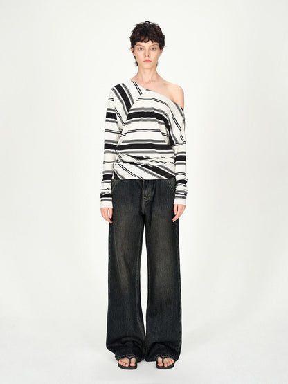 AFTADAWN Vintage Washed Low Rise Relaxed Wide Leg Denim Pants