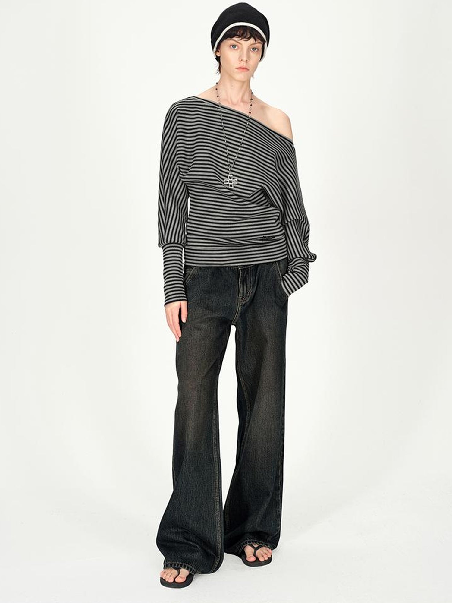 AFTADAWN Vintage Washed Low Rise Relaxed Wide Leg Denim Pants