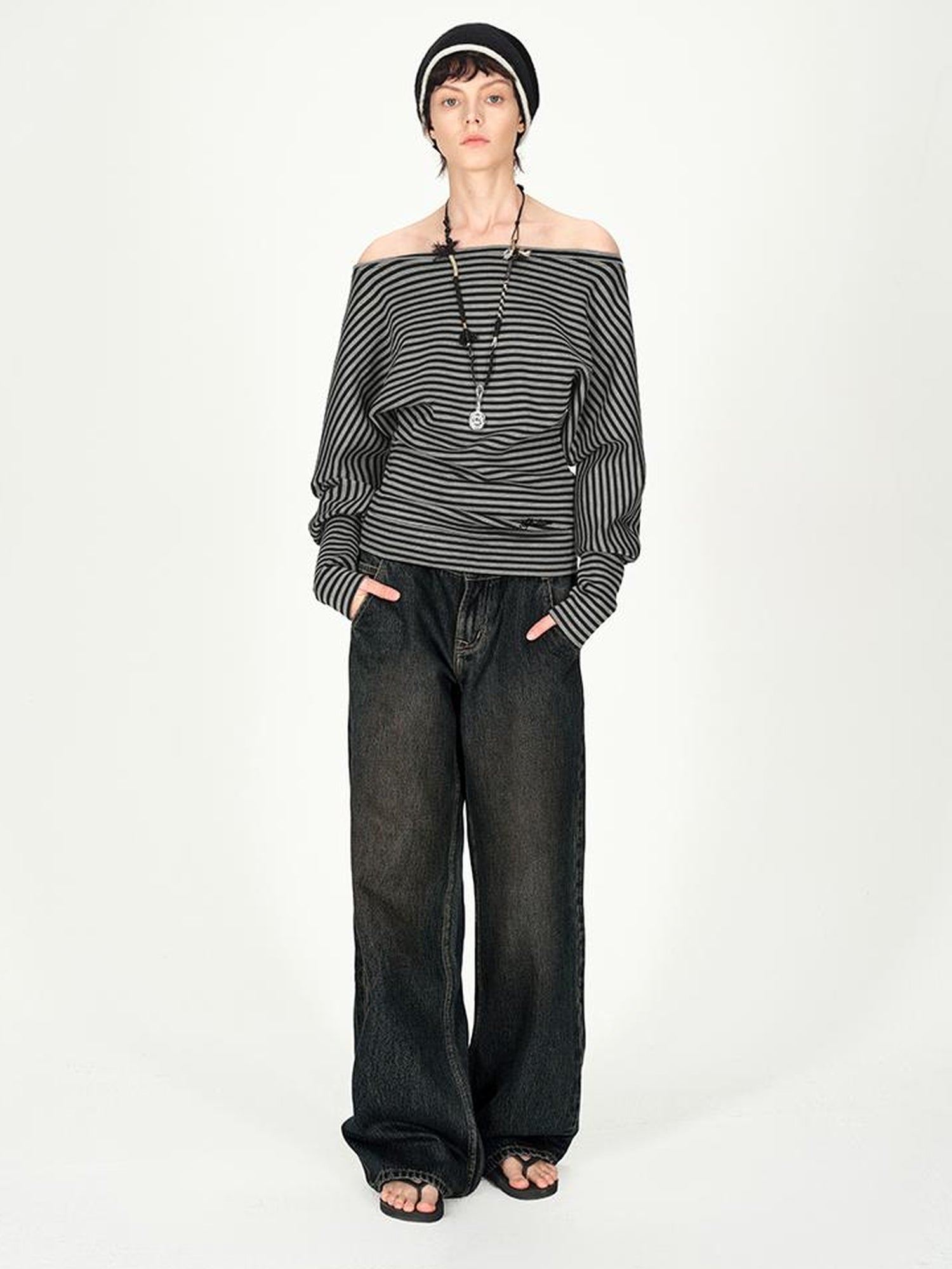 AFTADAWN Vintage Washed Low Rise Relaxed Wide Leg Denim Pants
