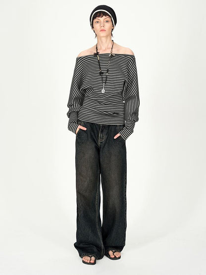 AFTADAWN Vintage Washed Low Rise Relaxed Wide Leg Denim Pants